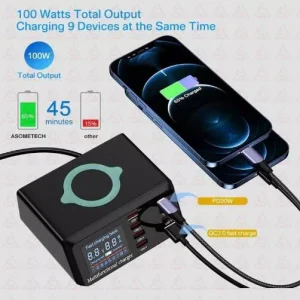 شارژرو تستر 8 پورت مجهز به فست شارژ وایرلس 100 وات