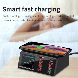 شارژرو تستر 8 پورت مجهز به فست شارژ وایرلس 100 وات